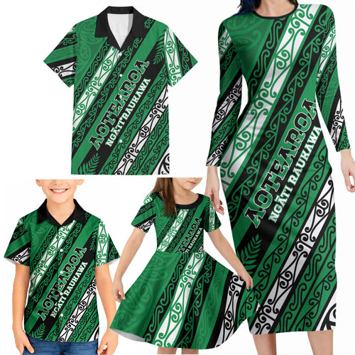 Personalised Aotearoa Ngati Raukawa Family Matching Long Sleeve Bodycon Dress and Hawaiian Shirt New Zealand Maori Tribal Fern Pattern