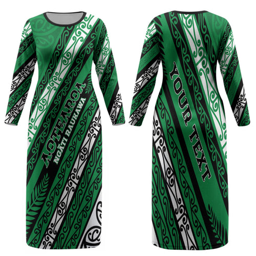 Personalised Aotearoa Ngati Raukawa Family Matching Long Sleeve Bodycon Dress and Hawaiian Shirt New Zealand Maori Tribal Fern Pattern
