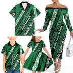 Personalised Aotearoa Ngati Raukawa Family Matching Off The Shoulder Long Sleeve Dress and Hawaiian Shirt New Zealand Maori Tribal Fern Pattern