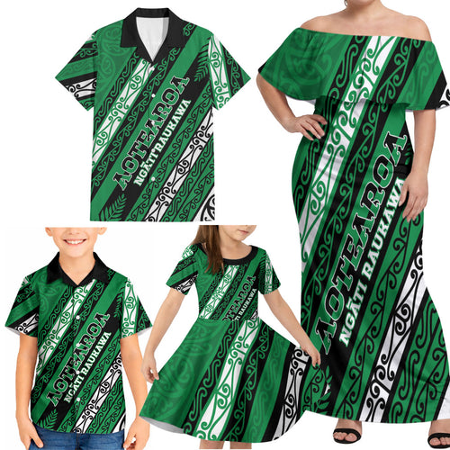 Personalised Aotearoa Ngati Raukawa Family Matching Off Shoulder Maxi Dress and Hawaiian Shirt New Zealand Maori Tribal Fern Pattern