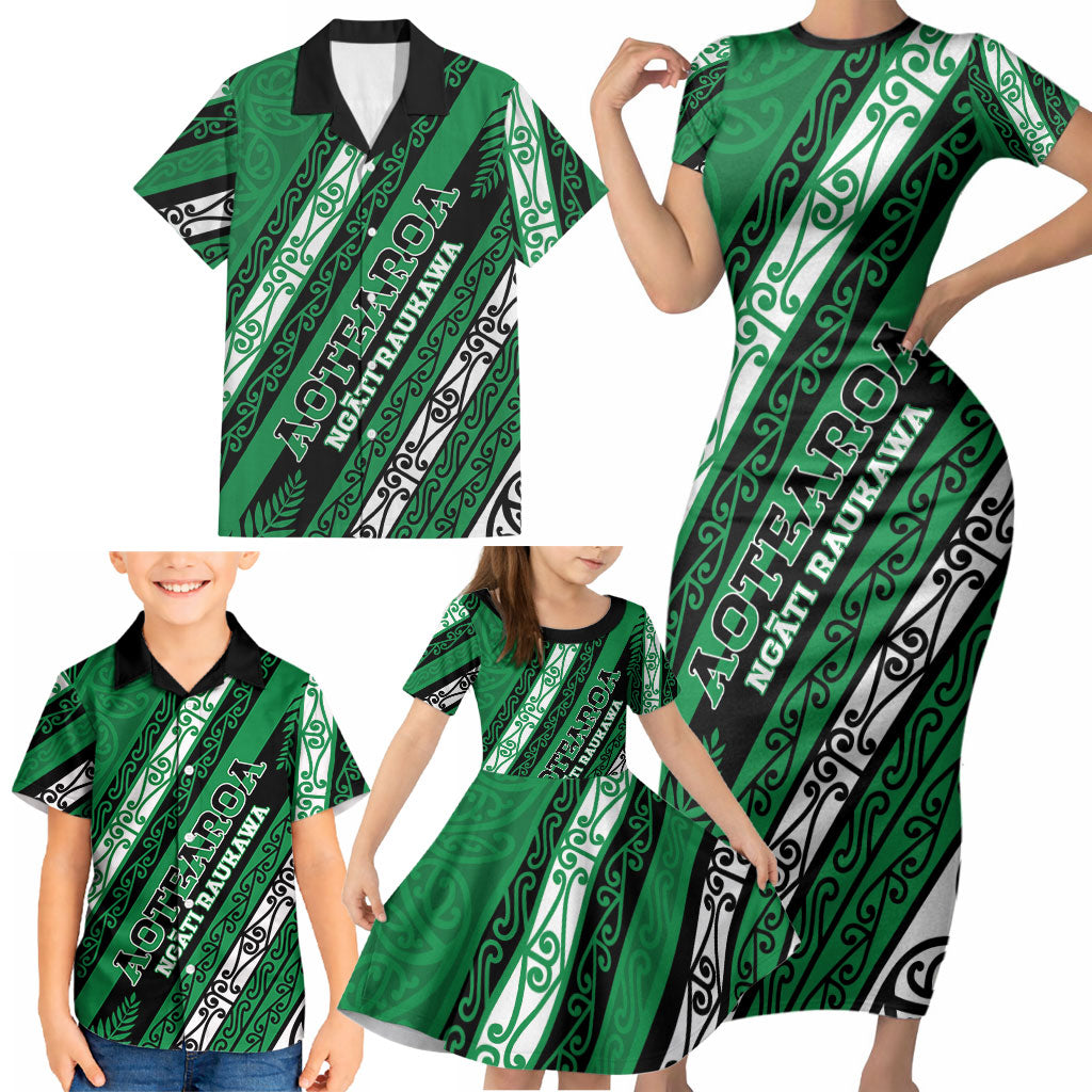 Personalised Aotearoa Ngati Raukawa Family Matching Short Sleeve Bodycon Dress and Hawaiian Shirt New Zealand Maori Tribal Fern Pattern