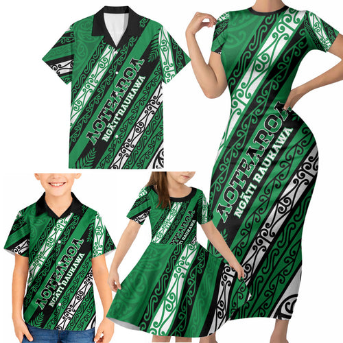 Personalised Aotearoa Ngati Raukawa Family Matching Short Sleeve Bodycon Dress and Hawaiian Shirt New Zealand Maori Tribal Fern Pattern