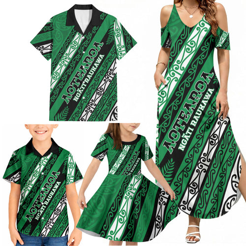 Personalised Aotearoa Ngati Raukawa Family Matching Summer Maxi Dress and Hawaiian Shirt New Zealand Maori Tribal Fern Pattern