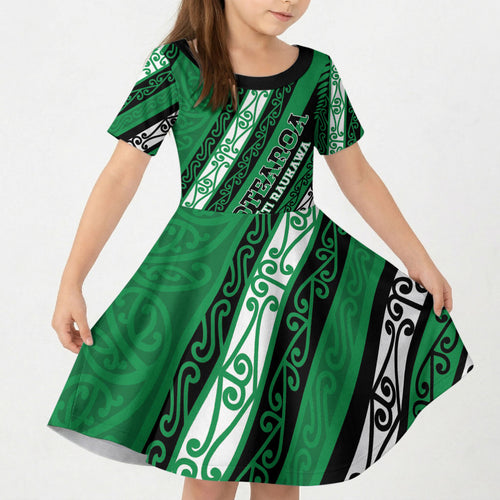 Personalised Aotearoa Ngati Raukawa Kid Short Sleeve Dress New Zealand Maori Tribal Fern Pattern