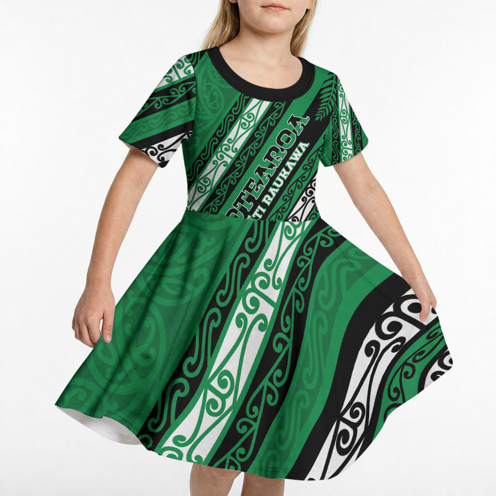 Personalised Aotearoa Ngati Raukawa Kid Short Sleeve Dress New Zealand Maori Tribal Fern Pattern