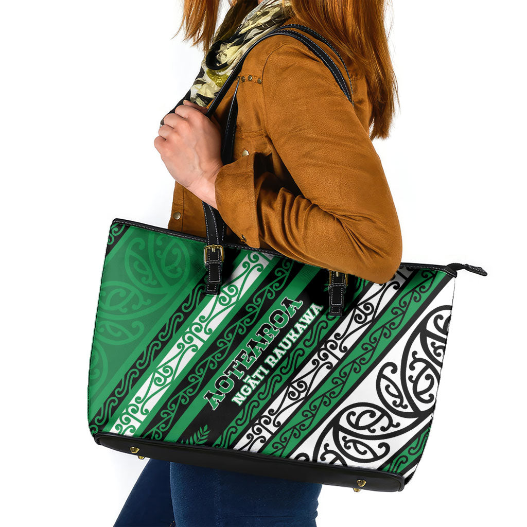 Aotearoa Ngati Raukawa Leather Tote Bag New Zealand Maori Tribal Fern Pattern