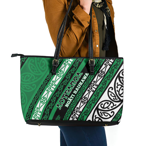 Aotearoa Ngati Raukawa Leather Tote Bag New Zealand Maori Tribal Fern Pattern