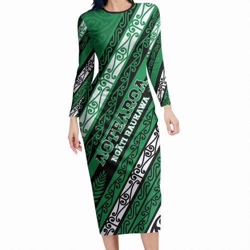 Personalised Aotearoa Ngati Raukawa Long Sleeve Bodycon Dress New Zealand Maori Tribal Fern Pattern