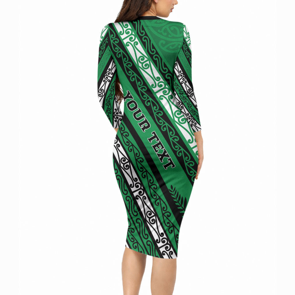 Personalised Aotearoa Ngati Raukawa Long Sleeve Bodycon Dress New Zealand Maori Tribal Fern Pattern