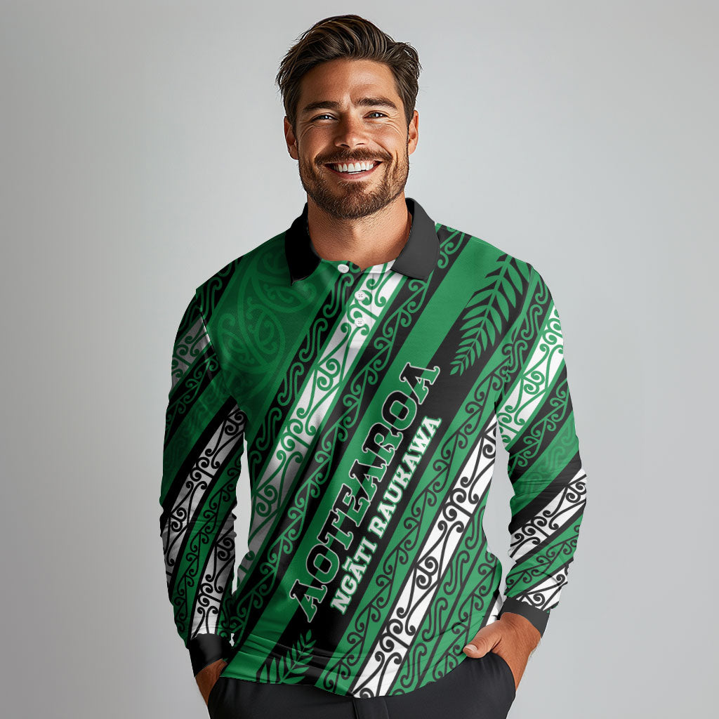 Personalised Aotearoa Ngati Raukawa Long Sleeve Polo Shirt New Zealand Maori Tribal Fern Pattern