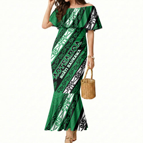 Personalised Aotearoa Ngati Raukawa Mermaid Dress New Zealand Maori Tribal Fern Pattern