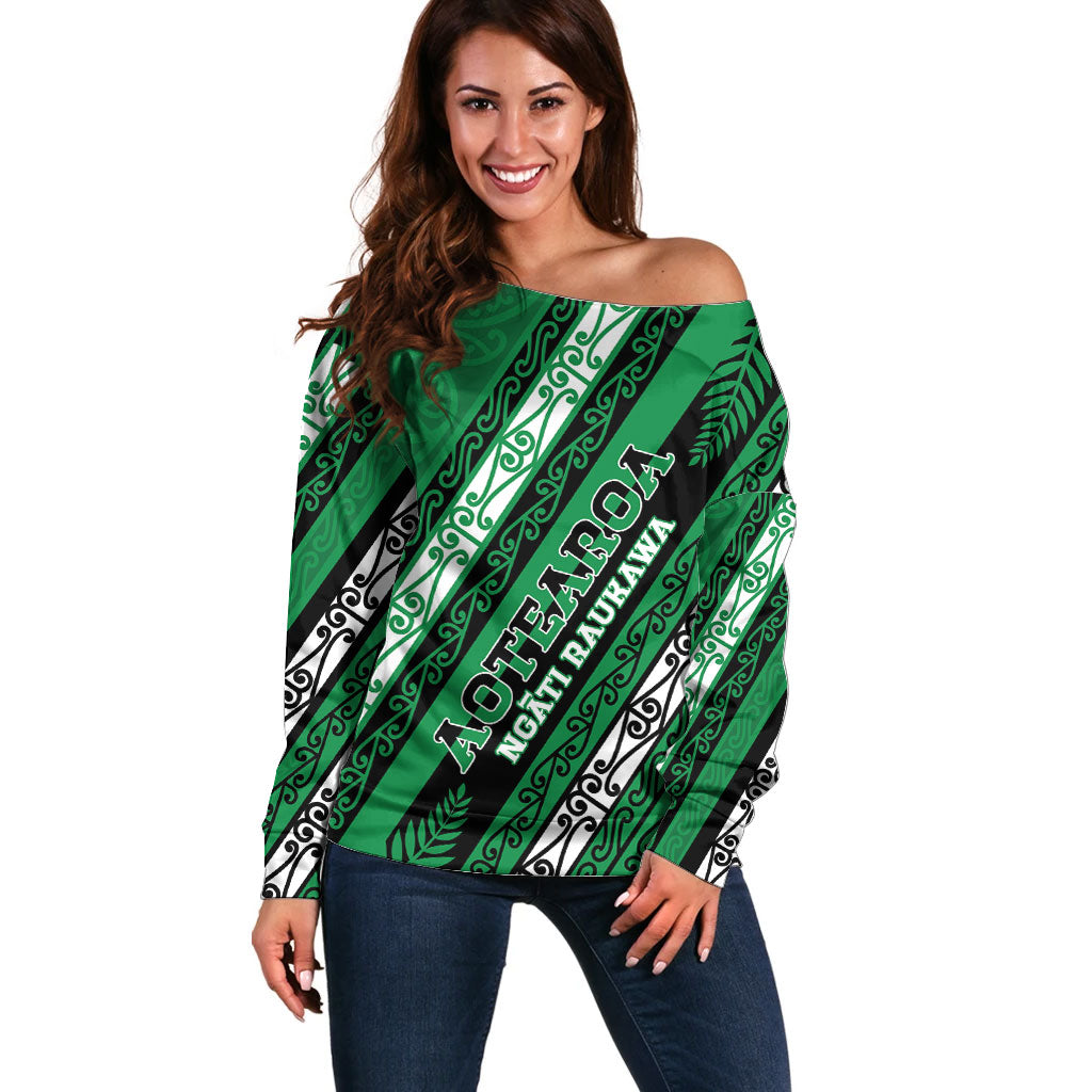 Personalised Aotearoa Ngati Raukawa Off Shoulder Sweater New Zealand Maori Tribal Fern Pattern