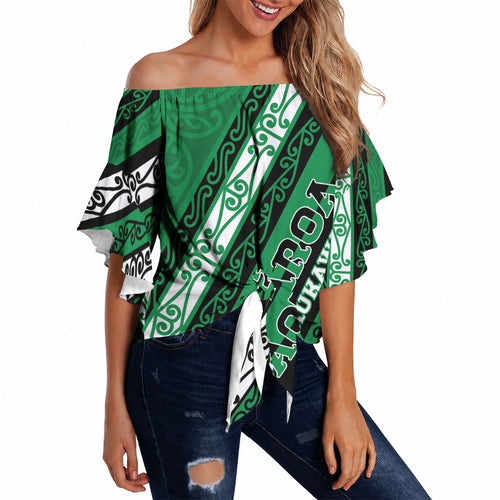 Personalised Aotearoa Ngati Raukawa Off Shoulder Wrap Waist Top New Zealand Maori Tribal Fern Pattern
