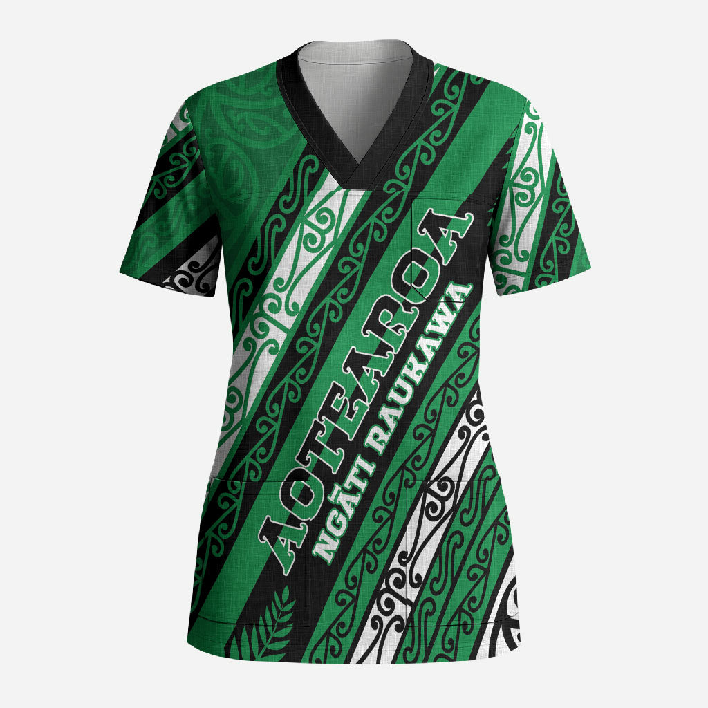 Personalised Aotearoa Ngati Raukawa Scrub Top New Zealand Maori Tribal Fern Pattern