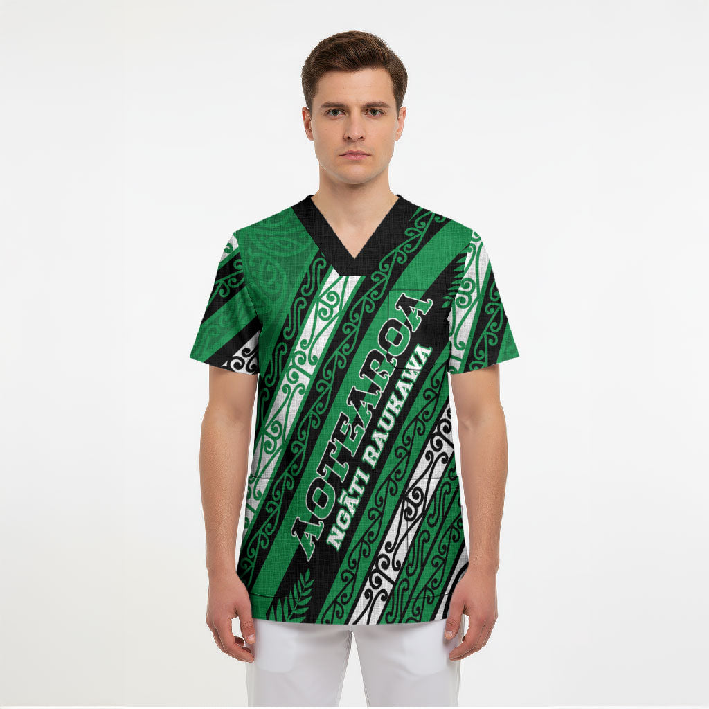 Personalised Aotearoa Ngati Raukawa Scrub Top New Zealand Maori Tribal Fern Pattern