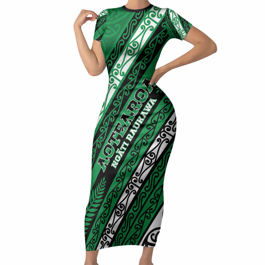 Personalised Aotearoa Ngati Raukawa Short Sleeve Bodycon Dress New Zealand Maori Tribal Fern Pattern