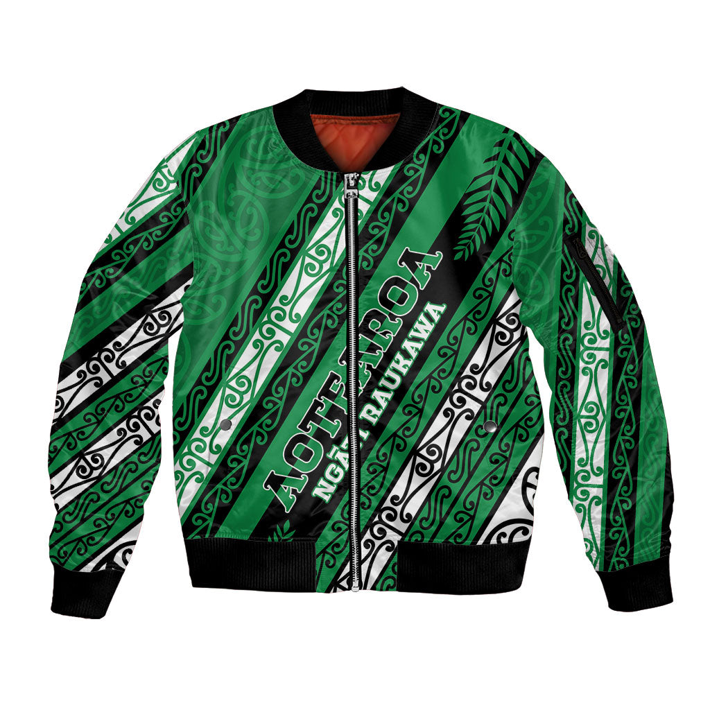 Personalised Aotearoa Ngati Raukawa Sleeve Zip Bomber Jacket New Zealand Maori Tribal Fern Pattern