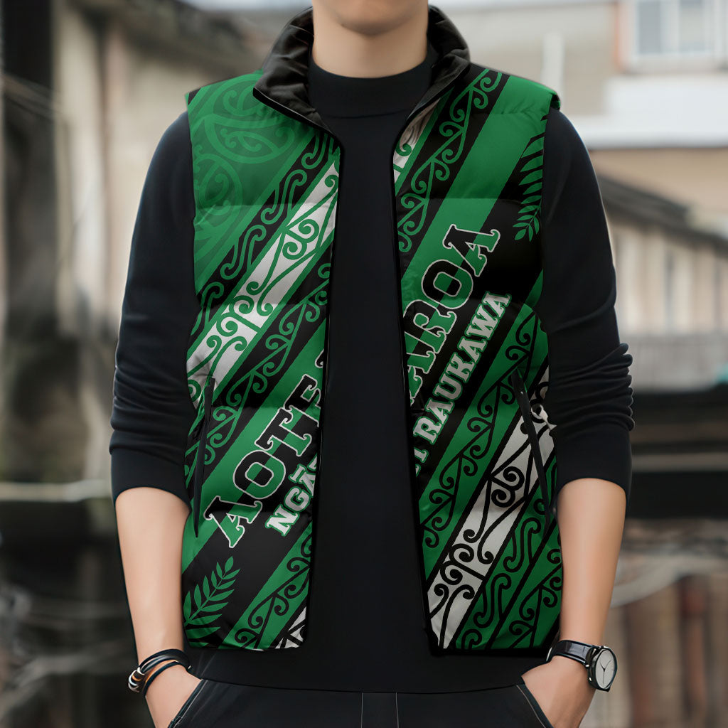 Personalised Aotearoa Ngati Raukawa Sleeveless Puffer Jacket New Zealand Maori Tribal Fern Pattern