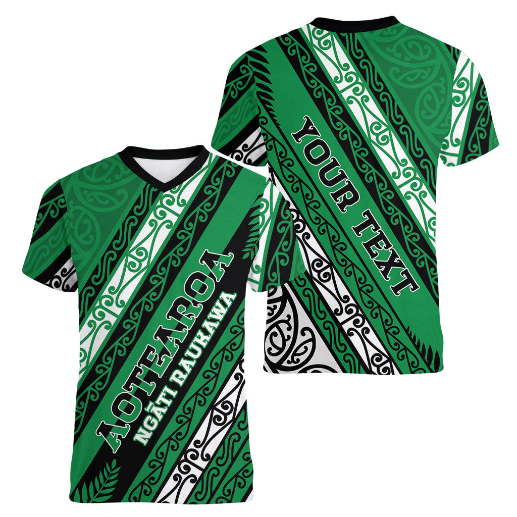 Personalised Aotearoa Ngati Raukawa Women V-Neck T-Shirt New Zealand Maori Tribal Fern Pattern
