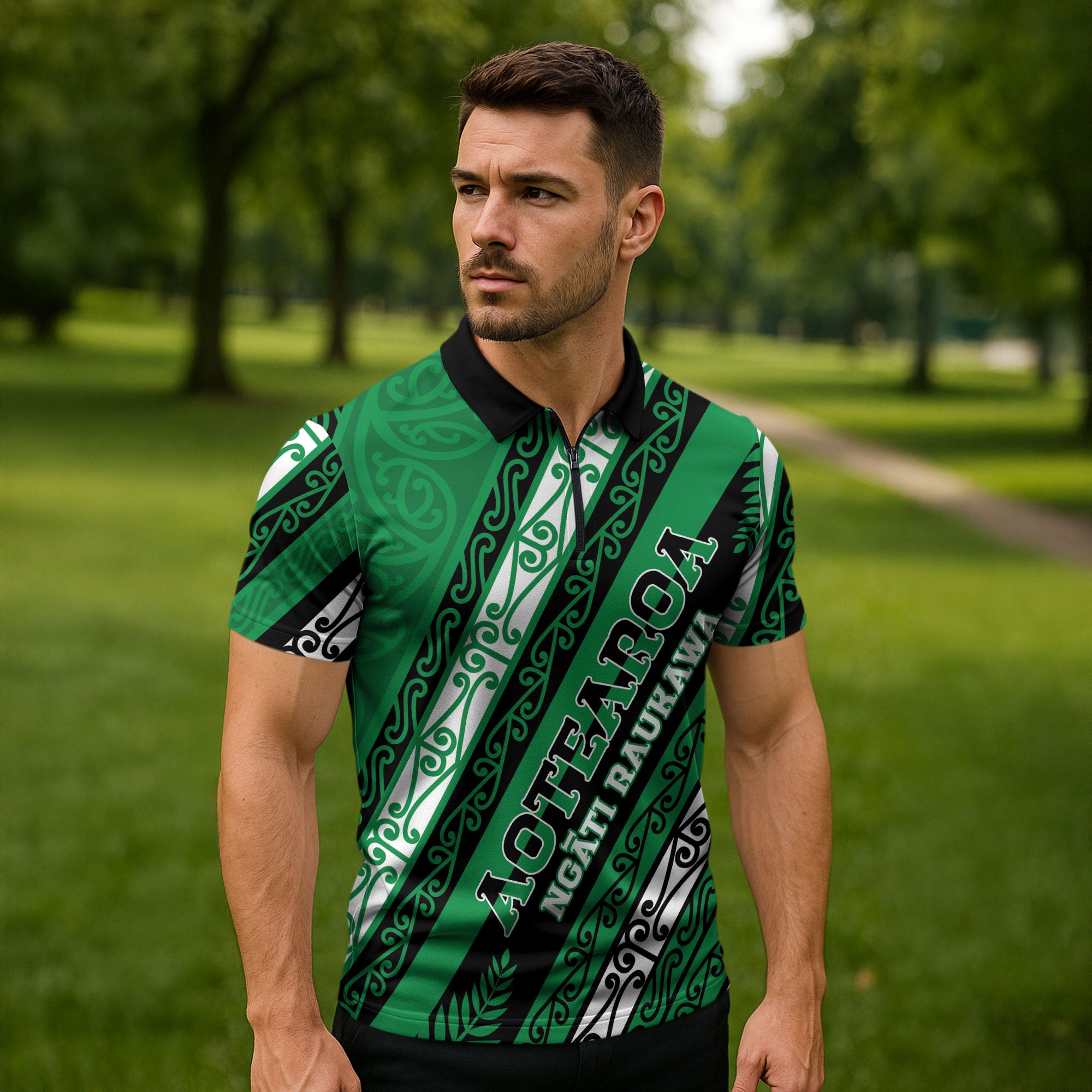 Personalised Aotearoa Ngati Raukawa Zipper Polo Shirt New Zealand Maori Tribal Fern Pattern