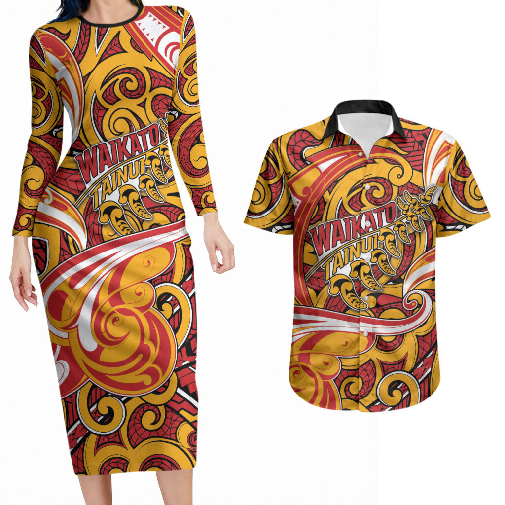 Custom Aotearoa Waikato Tainui Couples Matching Long Sleeve Bodycon Dress and Hawaiian Shirt Maori Tribal Pattern Koru Motif