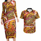 Custom Aotearoa Waikato Tainui Couples Matching Long Sleeve Bodycon Dress and Hawaiian Shirt Maori Tribal Pattern Koru Motif