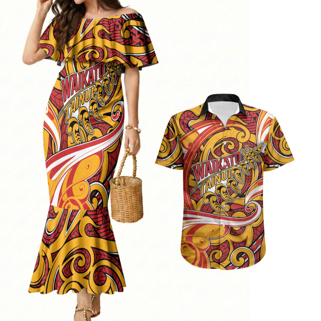Custom Aotearoa Waikato Tainui Couples Matching Mermaid Dress and Hawaiian Shirt Maori Tribal Pattern Koru Motif