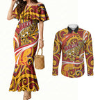 Custom Aotearoa Waikato Tainui Couples Matching Mermaid Dress and Long Sleeve Button Shirt Maori Tribal Pattern Koru Motif