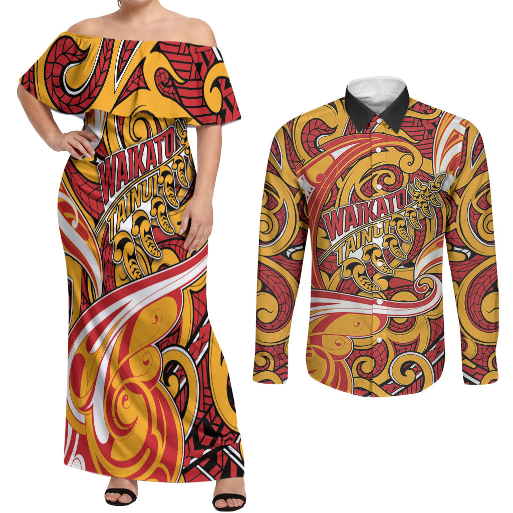 Custom Aotearoa Waikato Tainui Couples Matching Off Shoulder Maxi Dress and Long Sleeve Button Shirt Maori Tribal Pattern Koru Motif