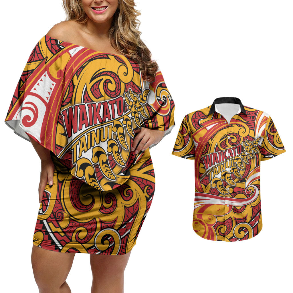 Custom Aotearoa Waikato Tainui Couples Matching Off Shoulder Short Dress and Hawaiian Shirt Maori Tribal Pattern Koru Motif