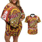 Custom Aotearoa Waikato Tainui Couples Matching Off Shoulder Short Dress and Hawaiian Shirt Maori Tribal Pattern Koru Motif