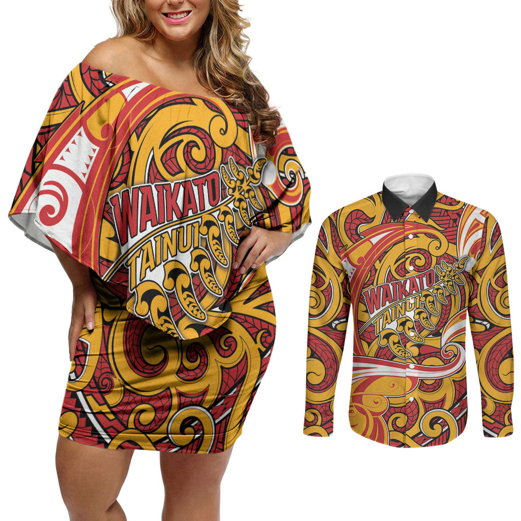 Custom Aotearoa Waikato Tainui Couples Matching Off Shoulder Short Dress and Long Sleeve Button Shirt Maori Tribal Pattern Koru Motif