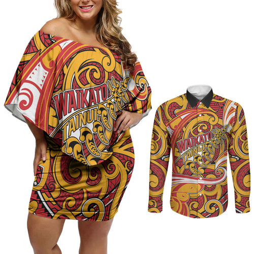 Custom Aotearoa Waikato Tainui Couples Matching Off Shoulder Short Dress and Long Sleeve Button Shirt Maori Tribal Pattern Koru Motif