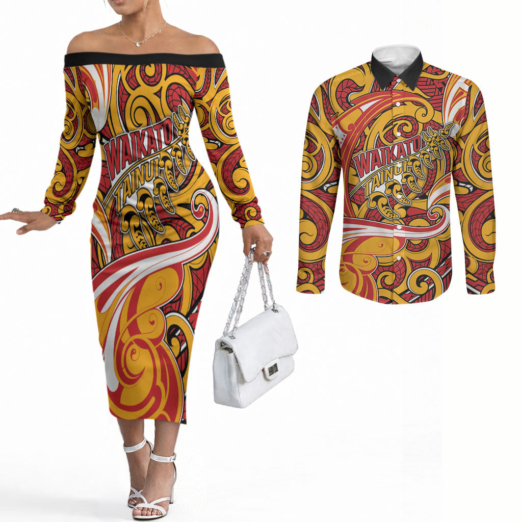 Custom Aotearoa Waikato Tainui Couples Matching Off The Shoulder Long Sleeve Dress and Long Sleeve Button Shirt Maori Tribal Pattern Koru Motif