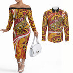Custom Aotearoa Waikato Tainui Couples Matching Off The Shoulder Long Sleeve Dress and Long Sleeve Button Shirt Maori Tribal Pattern Koru Motif