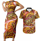 Custom Aotearoa Waikato Tainui Couples Matching Short Sleeve Bodycon Dress and Hawaiian Shirt Maori Tribal Pattern Koru Motif