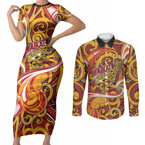 Custom Aotearoa Waikato Tainui Couples Matching Short Sleeve Bodycon Dress and Long Sleeve Button Shirt Maori Tribal Pattern Koru Motif