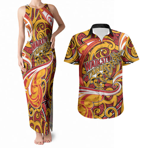 Custom Aotearoa Waikato Tainui Couples Matching Tank Maxi Dress and Hawaiian Shirt Maori Tribal Pattern Koru Motif