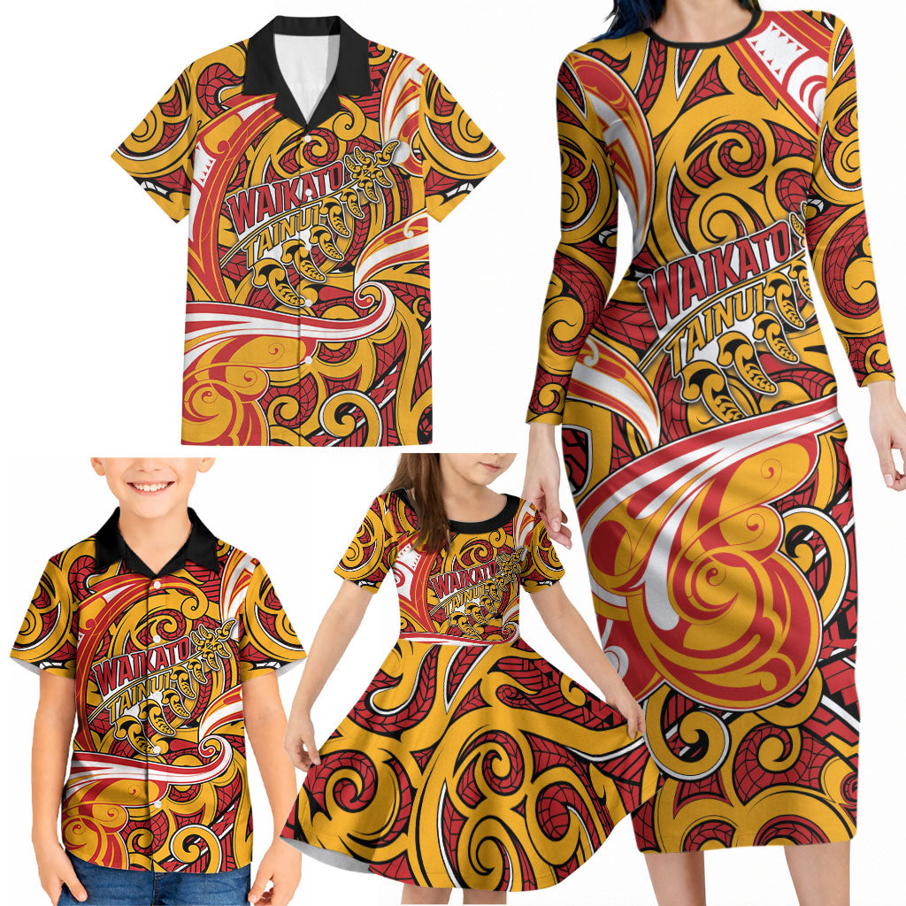 Custom Aotearoa Waikato Tainui Family Matching Long Sleeve Bodycon Dress and Hawaiian Shirt Maori Tribal Pattern Koru Motif