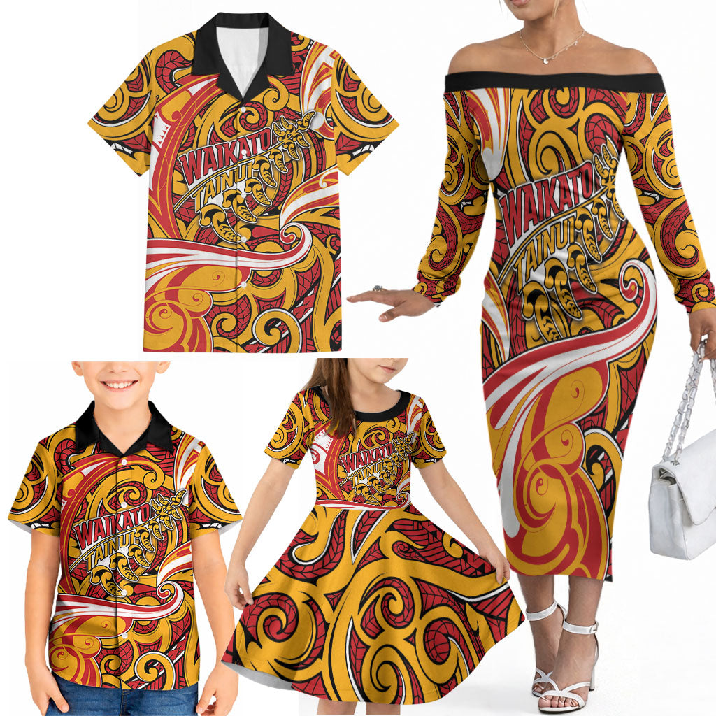 Custom Aotearoa Waikato Tainui Family Matching Off The Shoulder Long Sleeve Dress and Hawaiian Shirt Maori Tribal Pattern Koru Motif