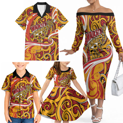 Custom Aotearoa Waikato Tainui Family Matching Off The Shoulder Long Sleeve Dress and Hawaiian Shirt Maori Tribal Pattern Koru Motif