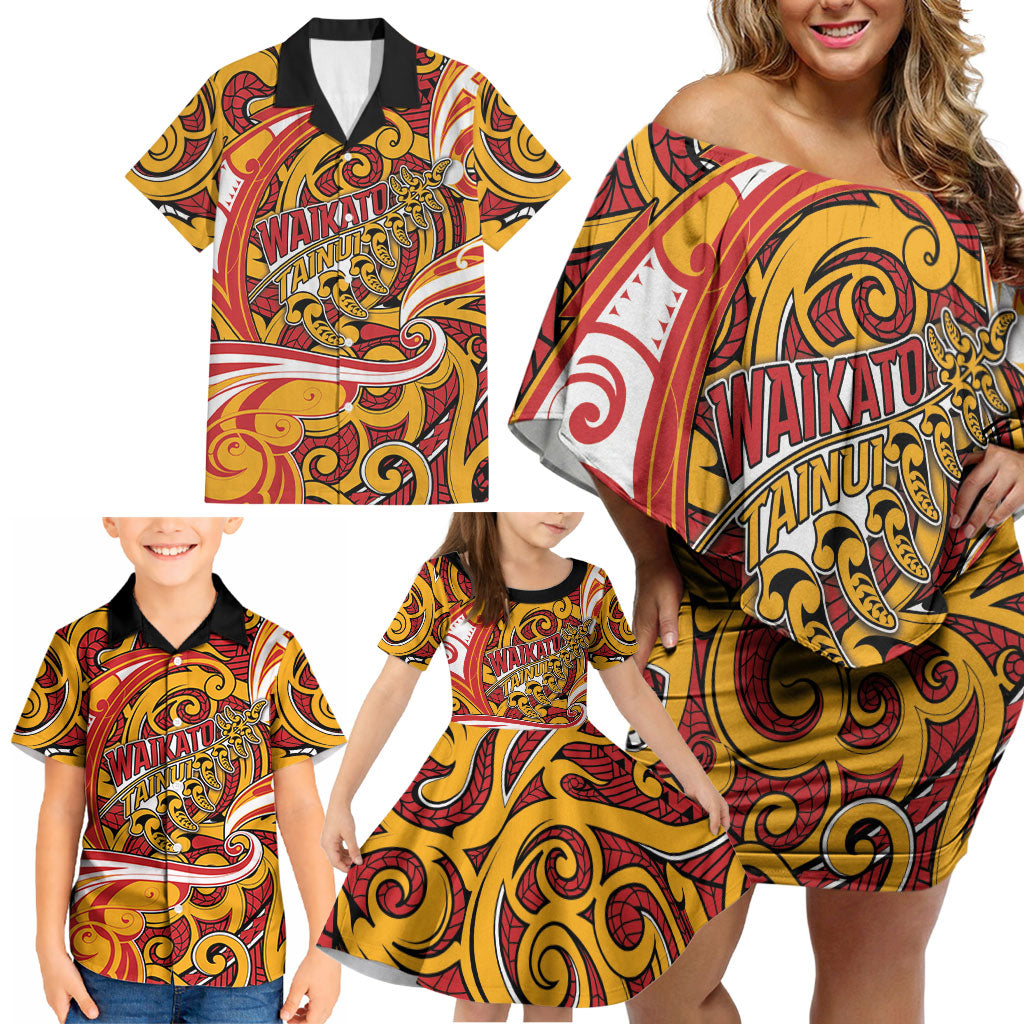 Custom Aotearoa Waikato Tainui Family Matching Off Shoulder Short Dress and Hawaiian Shirt Maori Tribal Pattern Koru Motif