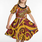 Custom Aotearoa Waikato Tainui Kid Short Sleeve Dress Maori Tribal Pattern Koru Motif
