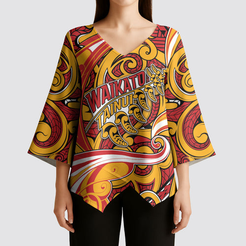 Custom Aotearoa Waikato Tainui Kimono Sleeve Blouse Maori Tribal Pattern Koru Motif