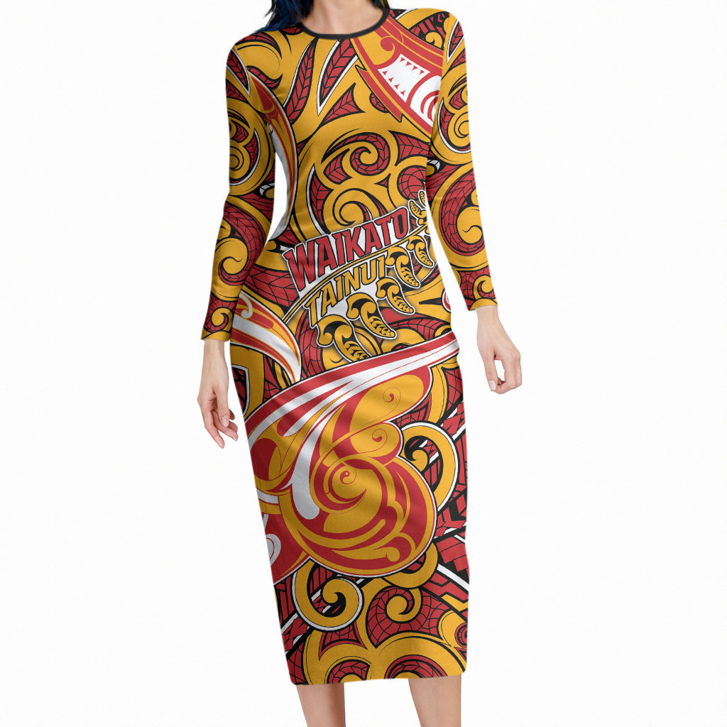 Custom Aotearoa Waikato Tainui Long Sleeve Bodycon Dress Maori Tribal Pattern Koru Motif
