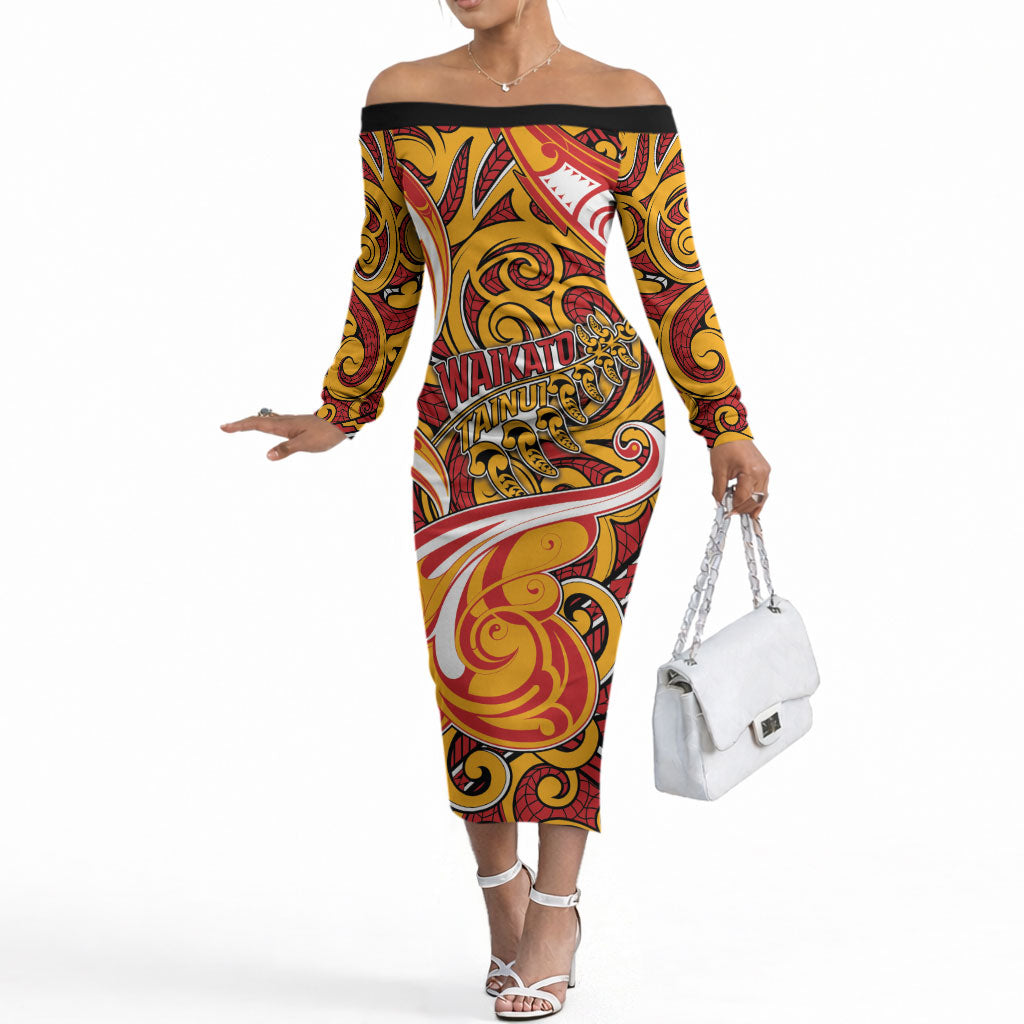Custom Aotearoa Waikato Tainui Off The Shoulder Long Sleeve Dress Maori Tribal Pattern Koru Motif