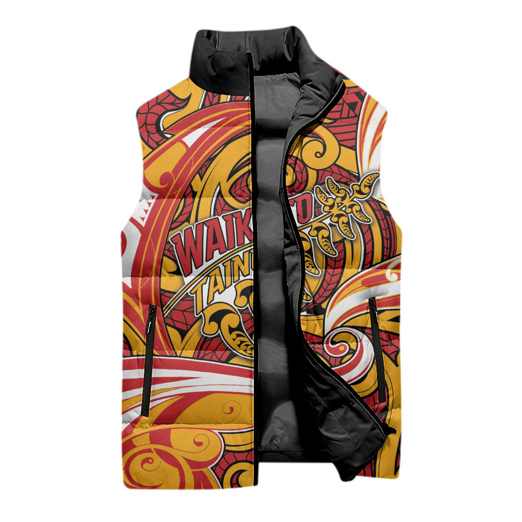 Custom Aotearoa Waikato Tainui Sleeveless Puffer Jacket Maori Tribal Pattern Koru Motif