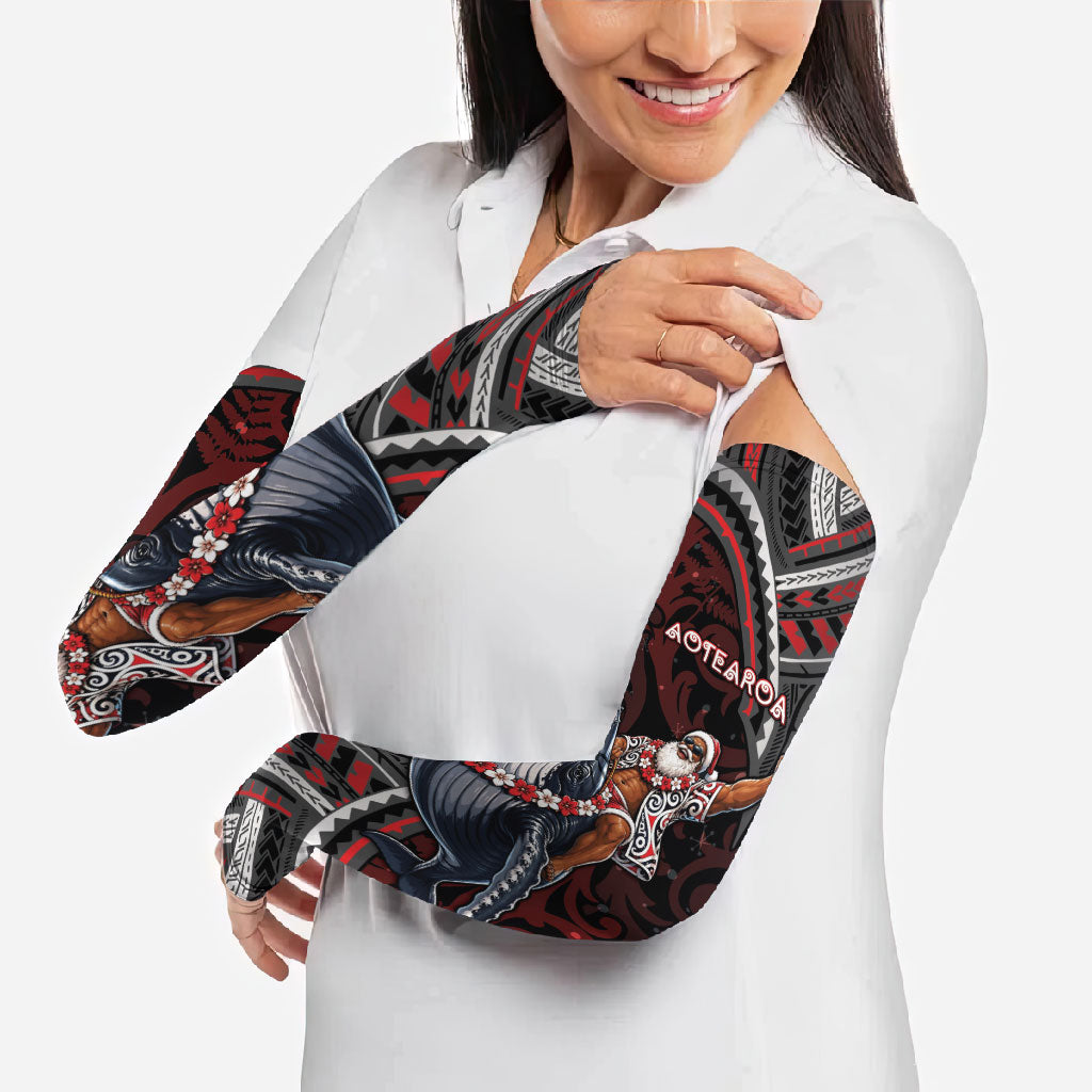 Aotearoa Christmas Arm Sleeves Santa Riding Humpback Whale Maori Koru
