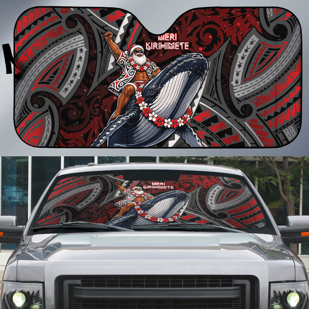 Aotearoa Christmas Auto Sun Shade Santa Riding Humpback Whale Maori Koru