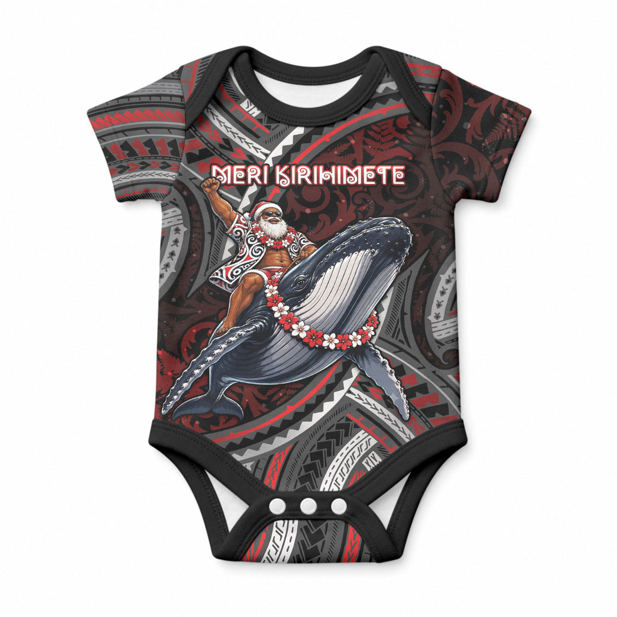 Aotearoa Christmas Baby Onesie Santa Riding Humpback Whale Maori Koru
